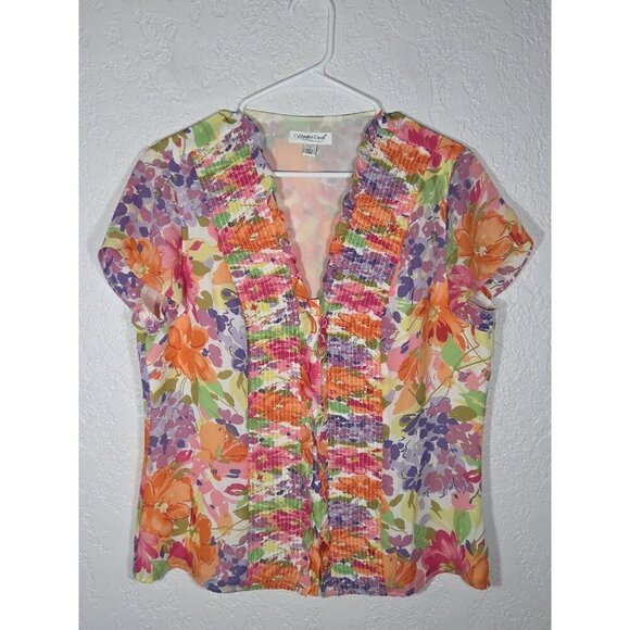 Women's Coldwater Creek Colorful Floral Lined Cinched Front Button Down Large - Picture 1 of 7